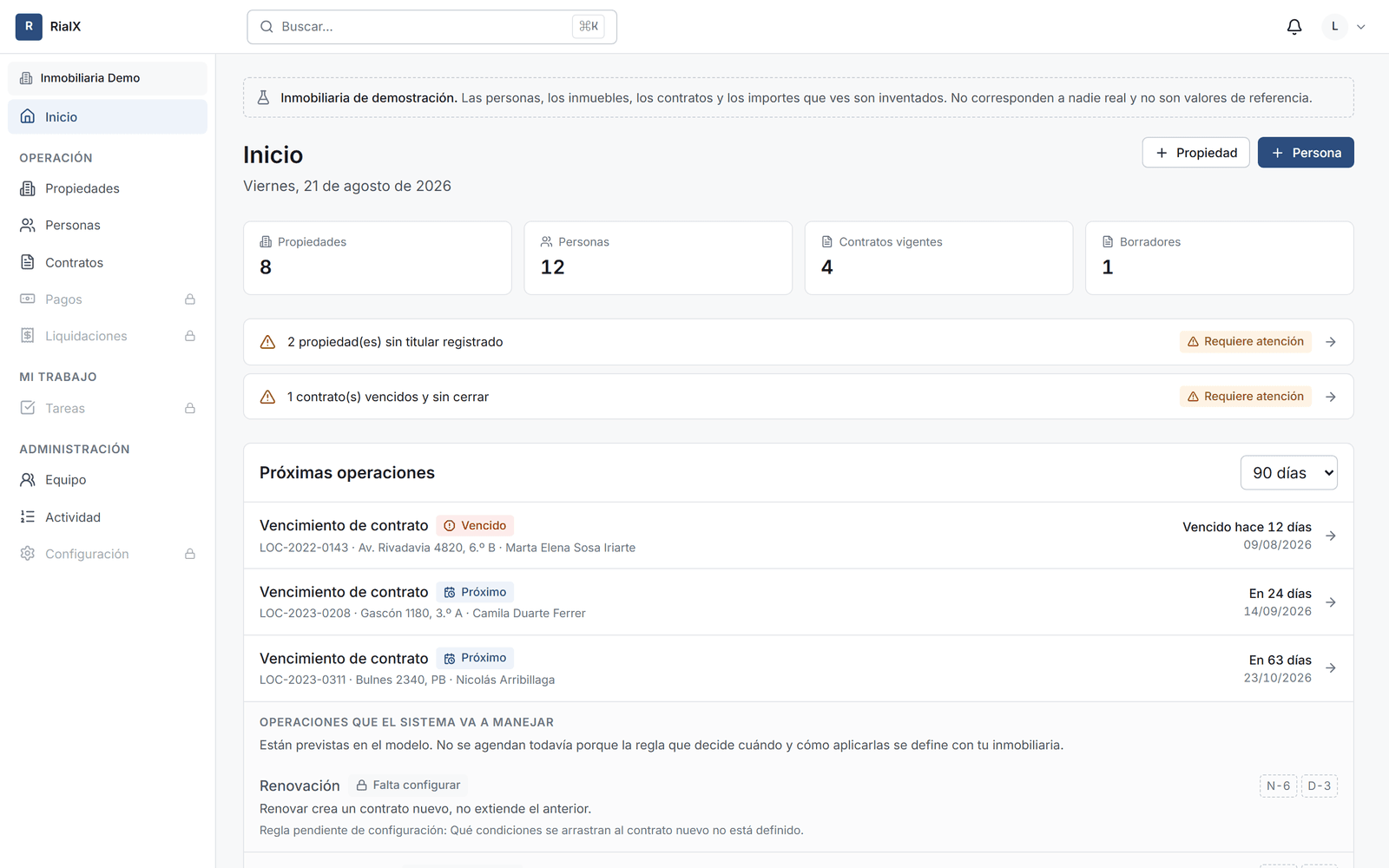 Panel de RialX con vencimientos, obligaciones y pagos recientes