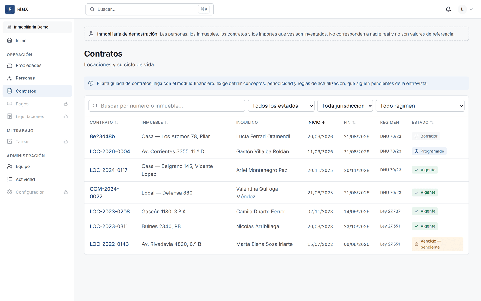 Listado de contratos de RialX con importes y estados