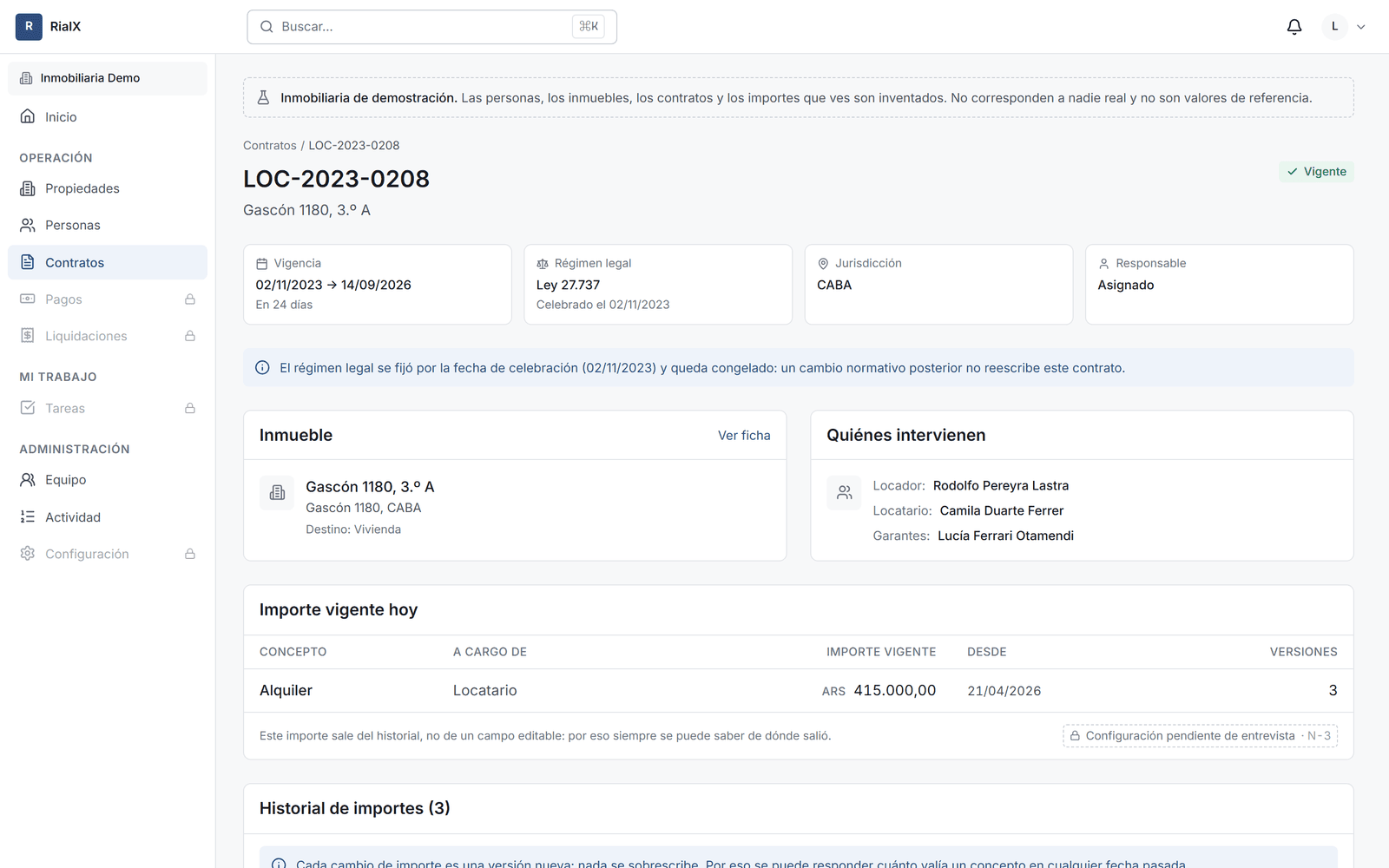 Ficha de un contrato en RialX, con partes, importes y reglas